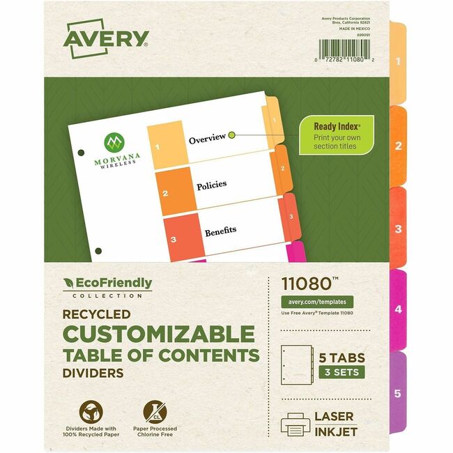 Avery EcoFriendly Recycled Dividers, 5 Tabs (3 Sets of 11080)