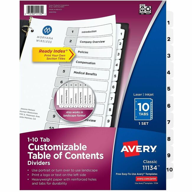 Avery Ready Index® Table of Content Dividers for Laser and Inkjet Printers, 10 tabs
