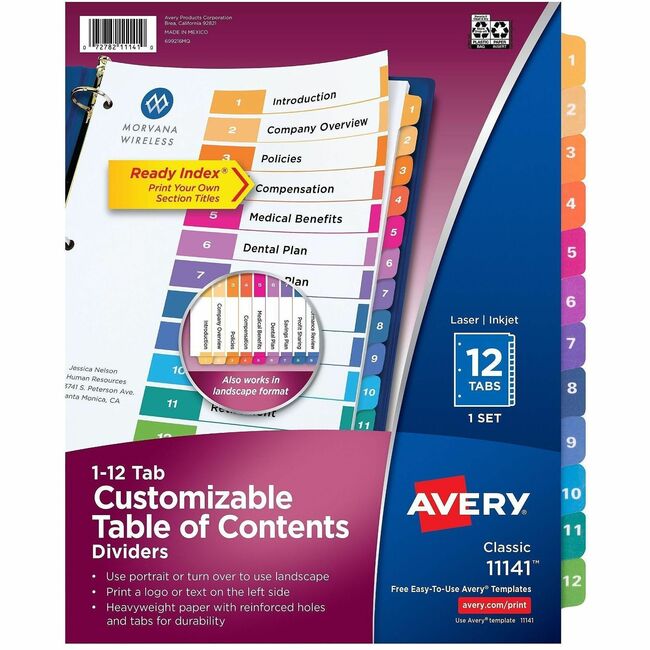 Avery® Ready Index® Table of Content Dividers for Laser and Inkjet Printers, 12 tabs