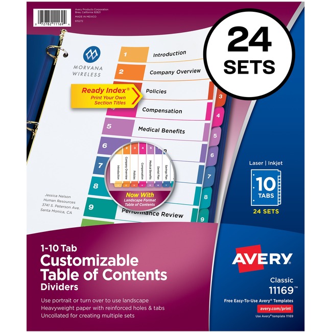 Avery® Ready Index(R) 10 Tab Binder Dividers, Customizable Table of Contents, Multicolor Tabs, 24 Sets (11169)