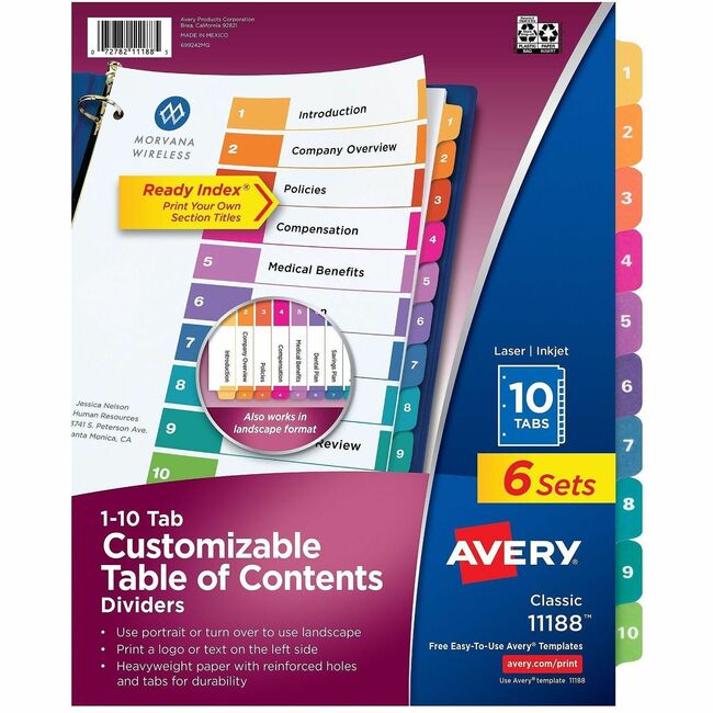 Avery&reg; Ready Index&reg; Table of Content Dividersfor Laser and Inkjet Printers