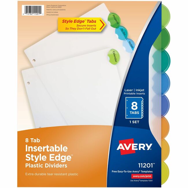 Avery&reg; Insertable Style Edge Plastic Dividers, 8 tabs, 1 set