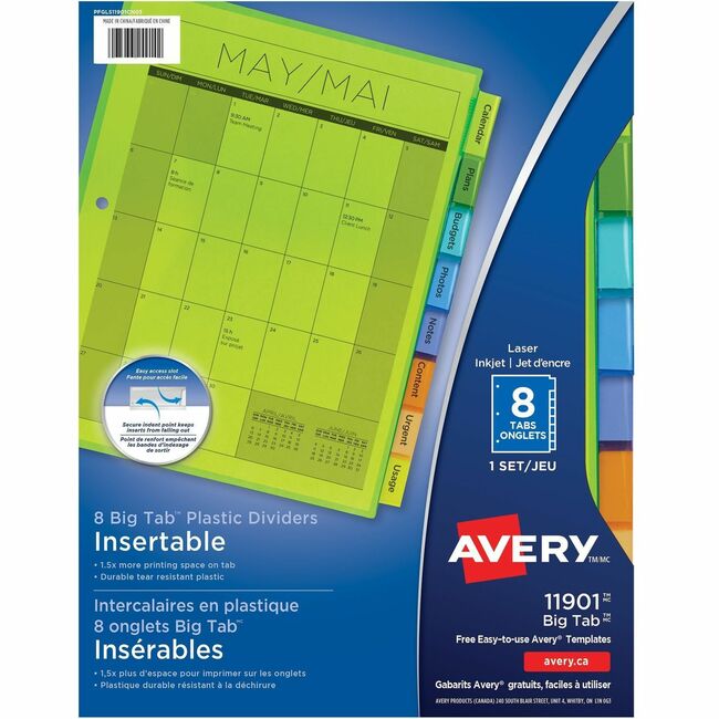 Avery&reg; Big Tab Insertable Plastic Dividersfor Laser and Inkjet Printers