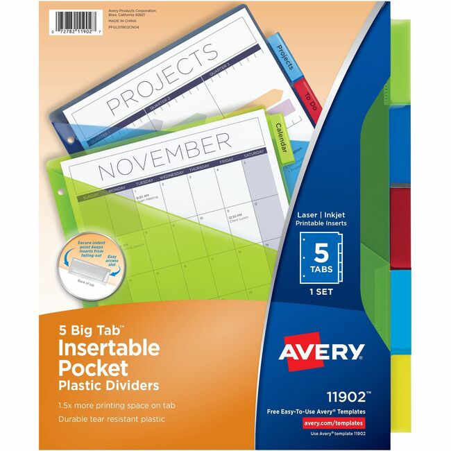 Avery&reg; Big Tab Insertable Plastic Dividers with Pocketsfor Laser and Inkjet Printers