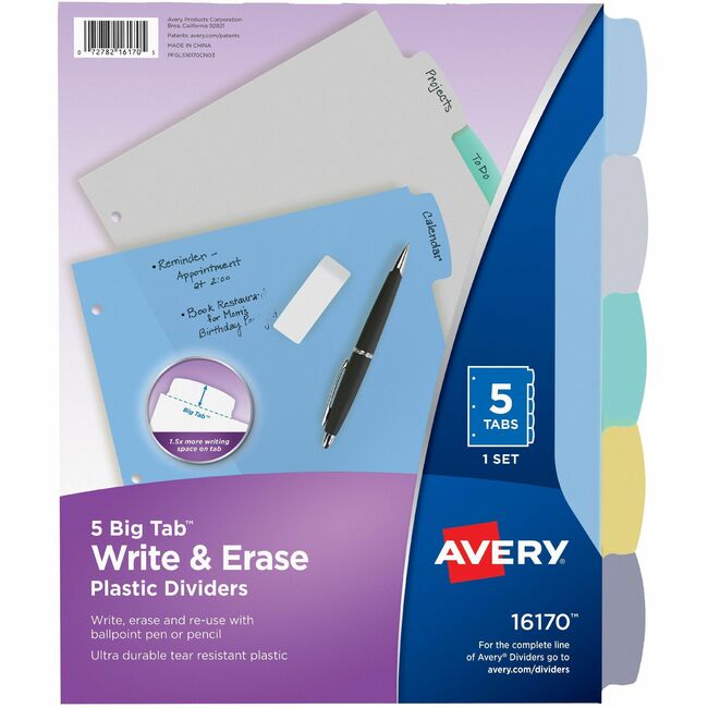 Avery Big Tab&trade; Write & Erase Plastic Dividers, 5 tabs, 1 set