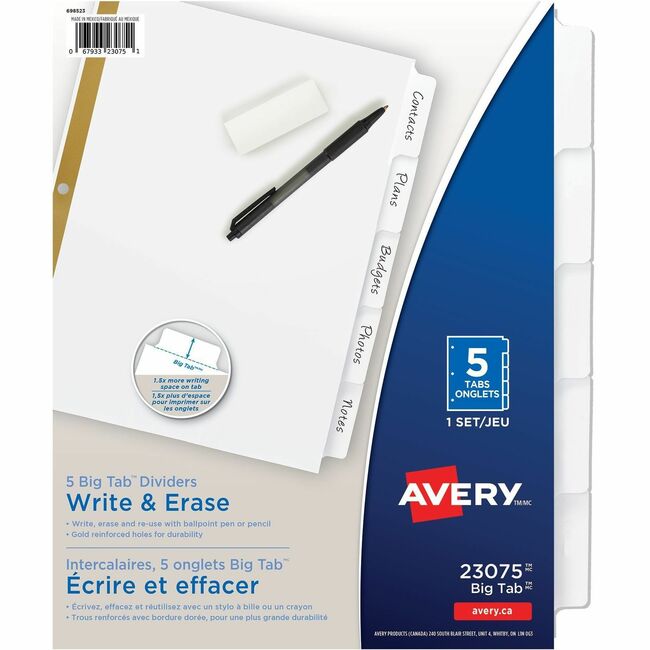 Avery&reg; Big Tab Write & Erase Dividers 5 Tab5 tabs