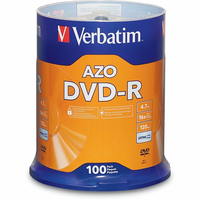 Verbatim 95102 DVD Recordable Media - DVD-R - 16x - 4.70 GB - 100 / Pack - Silver