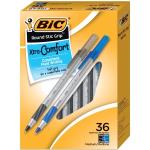 BIC Round Stic Grip Xtra-Comfort Medium Ball Point Pen, Assorted, 36 Pack