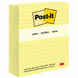 Post-it&reg; Original Lined Notes, Canary Yellow, 3" x 5" , 100 Sheets/Pad, 12 Pads/PK