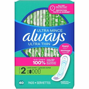 Always Ultra Thin Size 2 Long Super Pads With Wings, Unscented