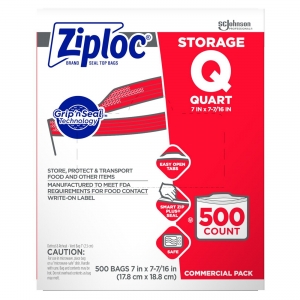 682256 Ziploc Storage Bags, 1 qt, 500 Bags, Zipper, Clear, Solid