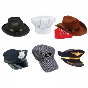 6-Piece Hat Set, Fedora, Police, Chef, Brown Cowboy, Train Engineer & Airline Pilot