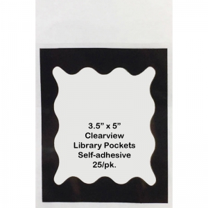 Clear View Self-Adhesive Library Pockets, 3 1/2" x 5", Clear with Black Scallop Border, 25 Per Pack, 6 Packs
