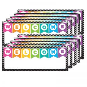 Smart Poly Welcome Banner, 9" x 24", B&W Polka Dots, Pack of 10
