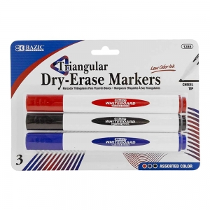 Triangle Dry-Erase Markers, Chisel Tip, Assorted Colors, Pack of 3