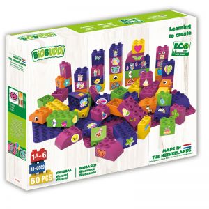 BiOBUDDi Educational Biobased Recyclable Building Blocks and Bases - Pink, 60 Pieces