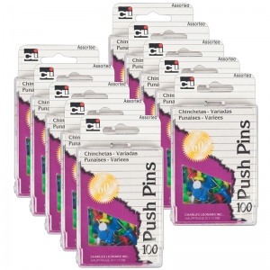 (10 Bx) Push Pins Assorted Colors 100 Pins Per Box