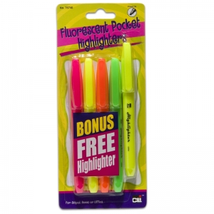 Fluorescent Pocket Highlighters, Assorted Colors, 5 Per Pack, 12 Packs
