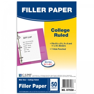(12 PK) WHITE MINI FILLER PAPER  RULED 50 SHEETS PER PACK C-LINE