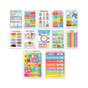 Colorful Spanish Preschool Educational Laminated Posters, Set of 12