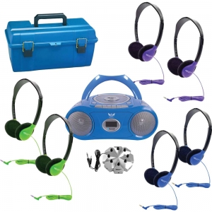6-Station Listening Center with AudioAce Bluetooth Boombox, 6 Colorful SchoolMate Personal-Sized Headphones, Jackbox & Carry Case