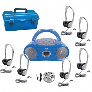 6-Station Listening Center with AudioAce Bluetooth Boombox, 6 SchoolMate Personal-Sized Headphones, Jackbox & Carry Case