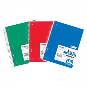 Spiral Notebook, 5 Subject, Wide Ruled Paper, 180 Sheets, 10-1/2" x 8", Assorted Colors, 1 Count