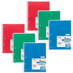 Spiral 3 Subject Notebook, Wide Ruled, 120 Sheets, Pack of 6