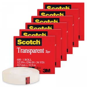 Transparent Tape Roll, 1/2" x 1296", Pack of 6