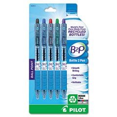 B2P Bottle-2-Pen Recycled Ballpoint Pen, Retractable, Medium 1 mm, Assorted Ink Colors, Translucent Blue Barrel, 5/Pack