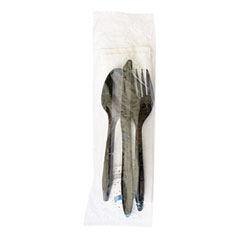 Six-Piece Cutlery Kit, Fork/Knife/Napkin/Pepper/Salt/Spoon, Black, 250/Carton