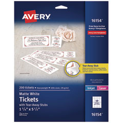 Printable Tickets w/Tear-Away Stubs, 97 Bright, 65 lb Cover Weight, 8.5 x 11, White, 10 Tickets/Sheet, 20 Sheets/Pack