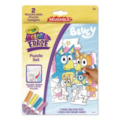 Bluey Color and Erase Reusable Puzzle Set with (12) Two-Sided Puzzle Pieces and (4) Markers, Ages 3 and Up, 16 Pieces