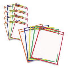 Reusable Dry Erase Pockets, Super Heavy-Duty, Top Load 9 x 12 Insert, Clear Front, Assorted Border Colors, 25/Box