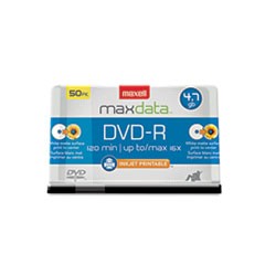 DVD-R Recordable Disc, Printable, 4.7 GB, 16x, Spindle, White, 50/Pack