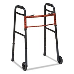 Two-Button Release Folding Walker with Wheels, Black/Copper, Aluminum, 32-38"H