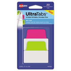 Ultra Tabs Repositionable Big Tabs, 1/5-Cut Tabs, Assorted Neon, 2" Wide, 20/Pack