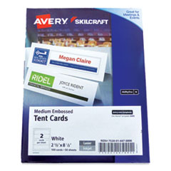 7530016878806, SKILCRAFT AVERY Tent Cards, White, 2.5 x 8.5, 2 Cards/Sheet, 50 Sheets/Pack