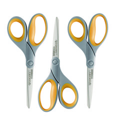 Titanium Bonded Scissors, 8" Long, 3.5" Cut Length, Straight Gray/Yellow Handle, 3/Pack